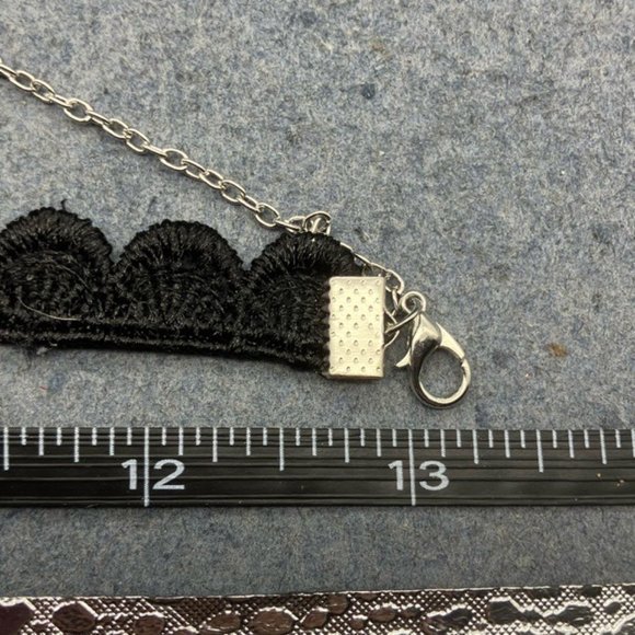 Choker Necklace Black Lace Pink Rhinestone Flower Silver Chain Barbie Retro Glam - Picture 8 of 10
